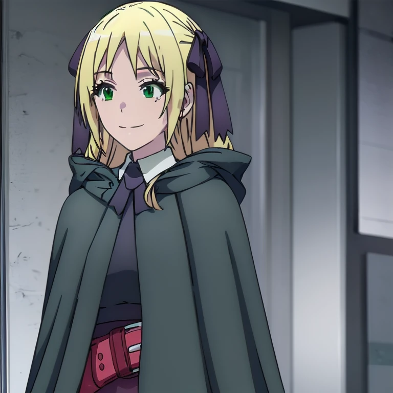 Solo, 1girl, esther rosenthal, smile, long hair, blonde hair, (green eyes:1.5), mole, mole under eye, black ribbon, black bow, hair ribbon, skirt, black cloak, cape, best quality, city 