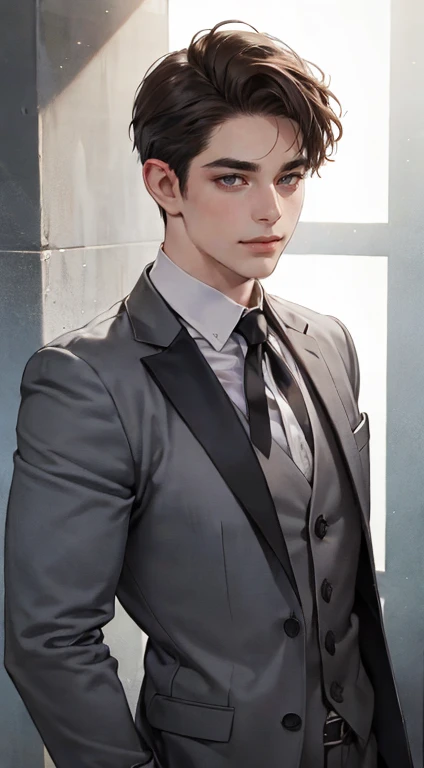 a mature, charming young man, 36 years old, with dark grey eyes, short right-swept dark brown hair, thick eyebrows, wearing a suit, in a quiet, smile in love expression, gazing at the audience, against a plain background with cinematic lighting, (best quality, 4k, 8k, highres, masterpiece:1.2), ultra-detailed, (realistic, photorealistic, photo-realistic:1.37), detective