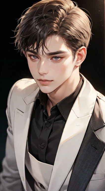 a mature, charming young man, 36 years old, with dark grey eyes, short right-swept dark brown hair, thick eyebrows, wearing a suit, in a quiet, smile in love expression, gazing at the audience, against a plain background with cinematic lighting, (best quality, 4k, 8k, highres, masterpiece:1.2), ultra-detailed, (realistic, photorealistic, photo-realistic:1.37), detective