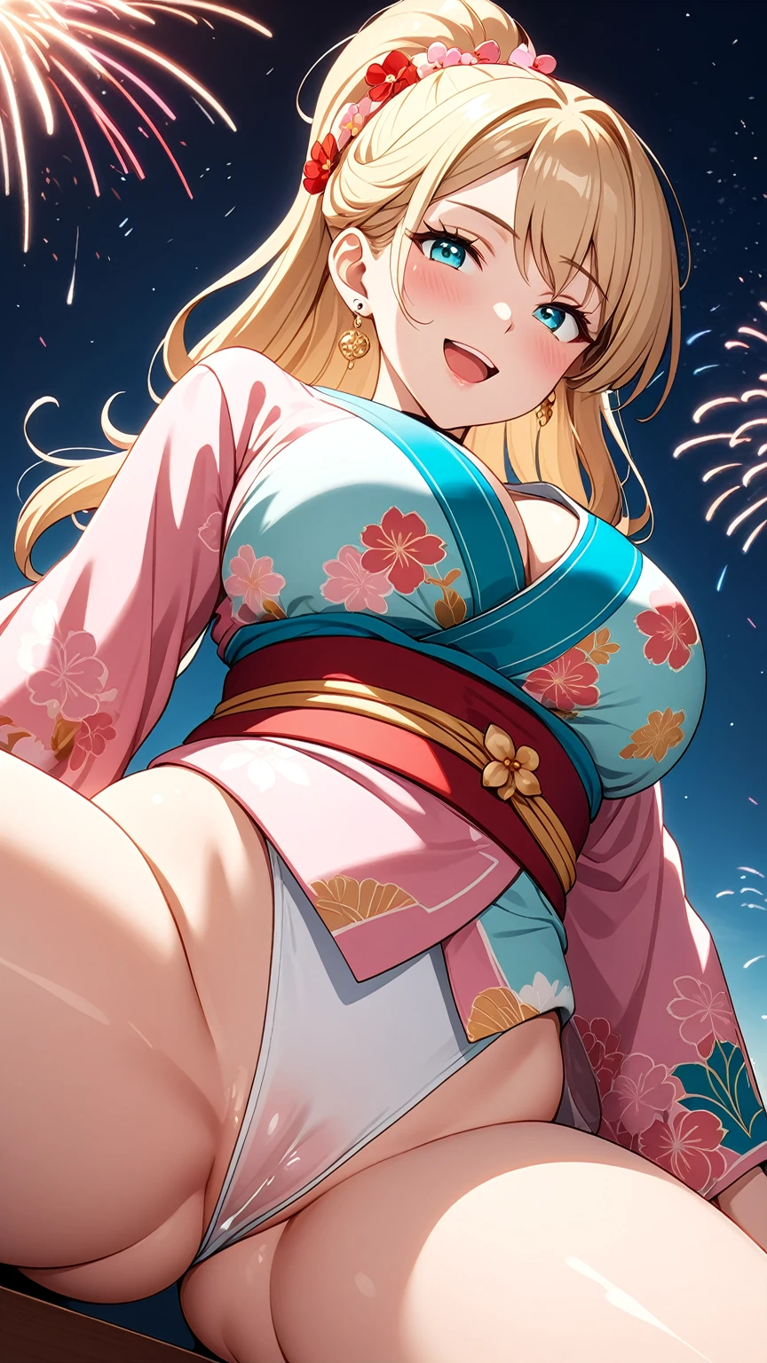 ((One personの女性)), Beautiful Face,(Laughing embarrassedly), (naughty face:1.2), ((Wink:1.9)), (head tilt:1.3), Laughing with your mouth open, upper teeth, ((full-face blush:1.5)), sit, ((spread legs:1.3)), ((showing white thong)), ((female masturbation:1.8)), ((love juice:1.5)), ((thigh focus)), looking at viewer, Glossy pink lips, Shining Face, night, Observatory, Festival decorations, firework, ((Anime style background)),masterpiece, Highest quality, so beautiful,up to date, Complex details, (Pink long nails),(ring),(bracelet),(choker),AI-generated, Complex,High resolution, Highest quality, super high quality,3D Images、3D Images,One person,Long blonde hair,ponytail, wavy hair ,Anime woman posing for a photo, ((Fine grain、Turquoise Eyes、Shining Eyes:1.3)), (Squint your eyes:1.1),a hyperRealistic , hyperRealistic , Realistic,Anime woman with long white hair, Smooth anime CG art, A woman in a colorful kimono with gold embroidery, (Pink long sleeve kimono),Red floral pattern,Long flower hair ornament,Earrings,Mature Body,(Big Breasts:1.1),Tall,Abdominal muscles,Tight waist,(Zoom up to face:1.1), ((from the side and slightly from below)),
