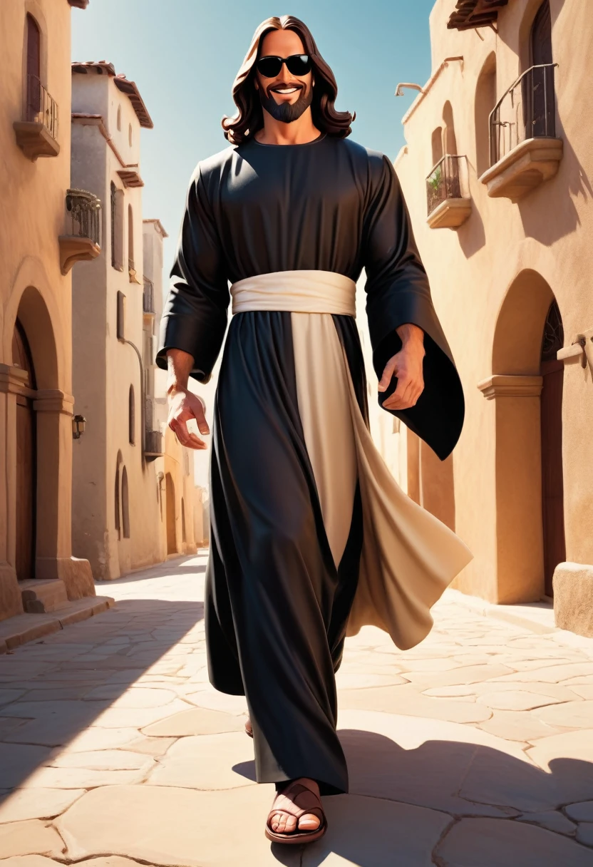 Animated series in the style of Bruce Timm, figura masculina, Jesus Christ with black sunglasses smiling, dressed in a cassock, in a heroic and extravagant pose. (perfect hands)