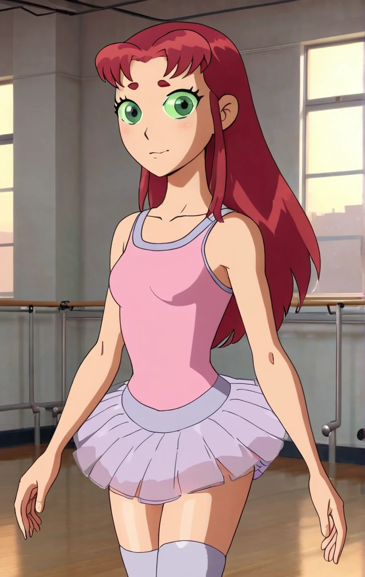 ohxw, star12, red hair, green eyes, pink tutu, pink tank top, bare legs, ballet slippers, full body, blushing, dance studio, 4k, highly detailed, lighting, inside, cartoon, 2d, sharp,