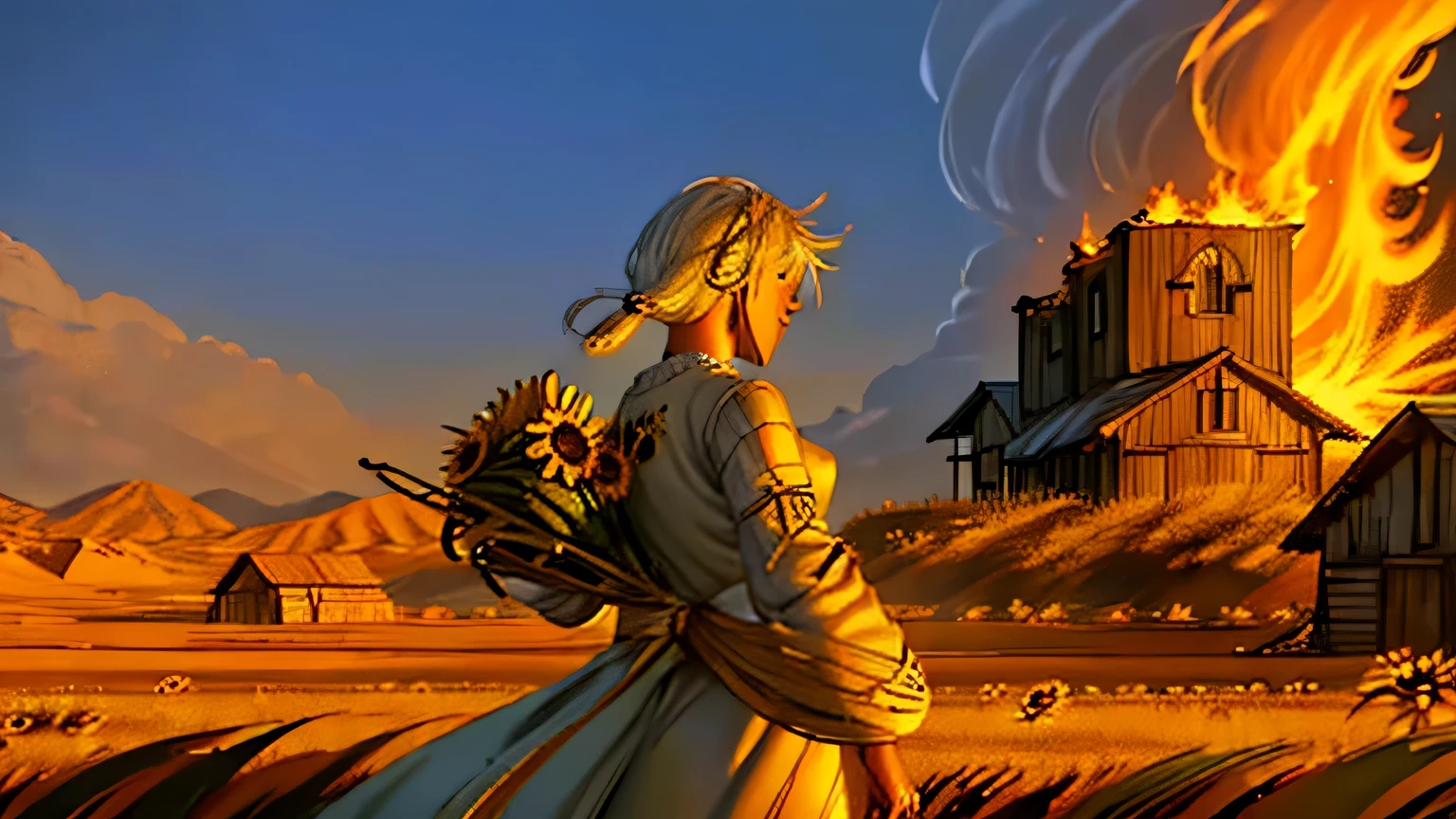 ((Extremely detailed)),(Extremely detailed), Extremely detailed CG unity 8k wallpaper, White-haired girl fleeing，Wearing traditional Salaman，Holding sunflower in hand，Background is barren fields，Burning wooden house