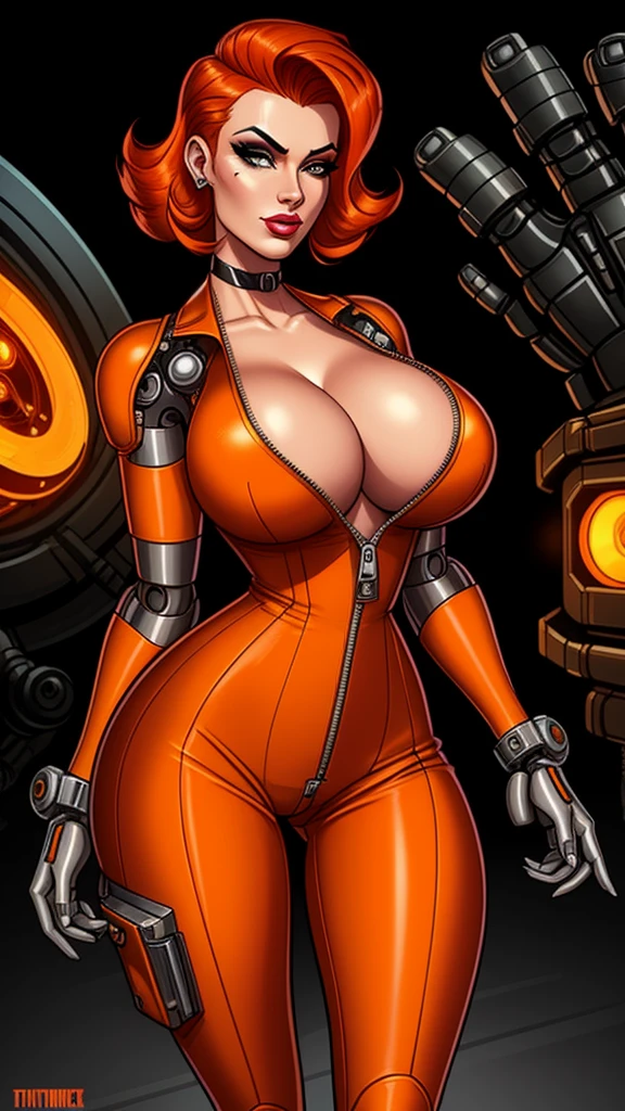 A gorgeous mechanic, femme fatale, in an atompunk style, set against a blank background with retro-futuristic elements, wearing an unzipped orange jumpsuit revealing cleavage, with a mechanical hand, cybernetic augments, half-shaved ginger hair, gunmetal grey accents
