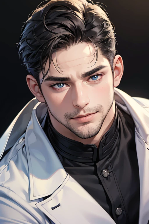 (best quality,4k,8k,highres,masterpiece:1.2),ultra-detailed,(realistic,photorealistic,photo-realistic:1.37),30 year old man,3 day beard,handsome anime,portraits,strong,masculine,dark hair,sharp jawline,mesmerizing eyes,perfectly styled hair,cool anime outfit,confident expression,vibrant colors,dynamic lighting, CEO and expression smile in love.
