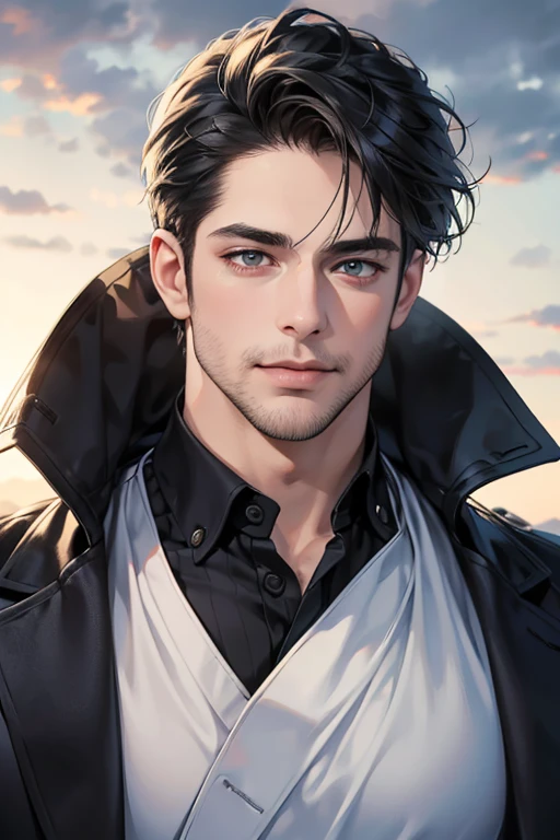 (best quality,4k,8k,highres,masterpiece:1.2),ultra-detailed,(realistic,photorealistic,photo-realistic:1.37),30 year old man,3 day beard,handsome anime,portraits,strong,masculine,dark hair,sharp jawline,mesmerizing eyes,perfectly styled hair,cool anime outfit,confident expression,vibrant colors,dynamic lighting, CEO and expression smile in love.
