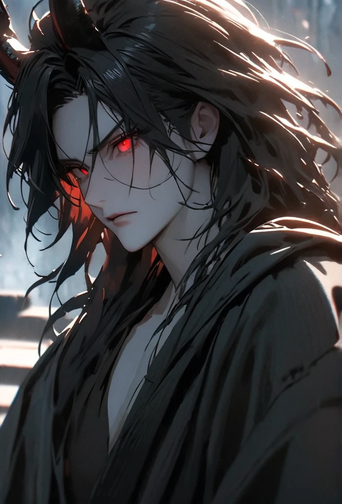(solo), masculine, black hair, messy hair, mane hair, long hair, dense hair, wild hair, expressive hair, mature,(25 year old), pale skin, red eyes, ((man)), wearing a black robe, black demon horns,, serious, handsome, attractive, eye reflection, depth of field, thunder aura,cinematic lighting, ray tracing, depth of field, cinematic lighting, ray tracing, UHD, high details, best quality, highres, high quality, award winning, super detail, masterpiece, 8k, UHD, high details, best quality, highres, high quality, award winning, super detail, masterpiece, 8k, digital art, anime coloring, full body, body shot, good face, perfect face, detailed face, good eyes, sitting on a throne