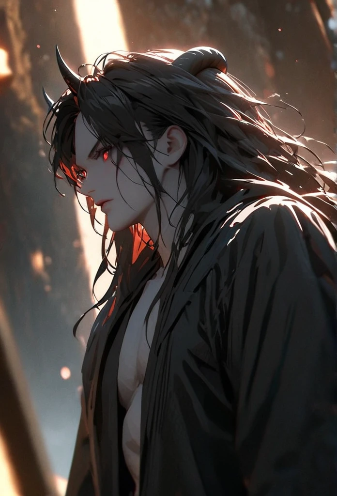 (solo), masculine, black hair, messy hair, mane hair, long hair, dense hair, wild hair, expressive hair, mature,(25 year old), pale skin, red eyes, ((man)), wearing a black robe, black demon horns,, serious, handsome, attractive, eye reflection, depth of field, thunder aura,cinematic lighting, ray tracing, depth of field, cinematic lighting, ray tracing, UHD, high details, best quality, highres, high quality, award winning, super detail, masterpiece, 8k, UHD, high details, best quality, highres, high quality, award winning, super detail, masterpiece, 8k, digital art, anime coloring, full body, body shot, good face, perfect face, detailed face, good eyes, sitting on a throne