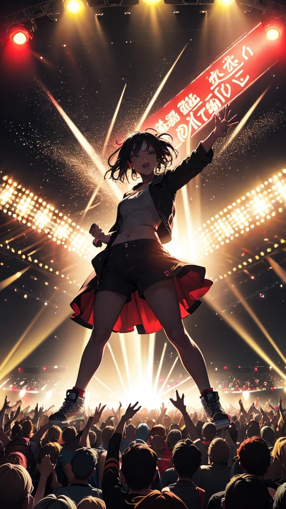 official art,extremely detailed CG unity 8k wallpaper, perfect lighting,(masterpiece:1.0), (best_quality:1.0), ultra high res, 4K, ultra-detailed, 8K, HDR, highres, absurdres:1.2, blurry background, bokeh:1.2, lens flare, (vibrant_color:1.2), Colorful, 1girl, toujou yuuki, minigirl,
sonzai, light blue dress, full body,
ear monitor, (upskirt:0.9), uphair,
masterpiece, best quality, concert venue, 1girl, solo, stage in the background, stage lighting, stage spotlight, dancing, singing, smile,