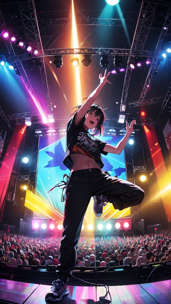 A dynamic sketch of a singer on a music festival stage, big LED stage screen, dressed in casual clothes, animated pose, side view. The singer is interacting with the crowd, background features large LED screens displaying abstract visuals. Sharp stage details with various instruments and cables. Multicolored lights creating a lively ambiance, strong shadows and highlights. Created Using: charcoal pencils, festival energy, motion lines, expressive style, high contrast, concert art, vivid lighting effects, detailed crowd