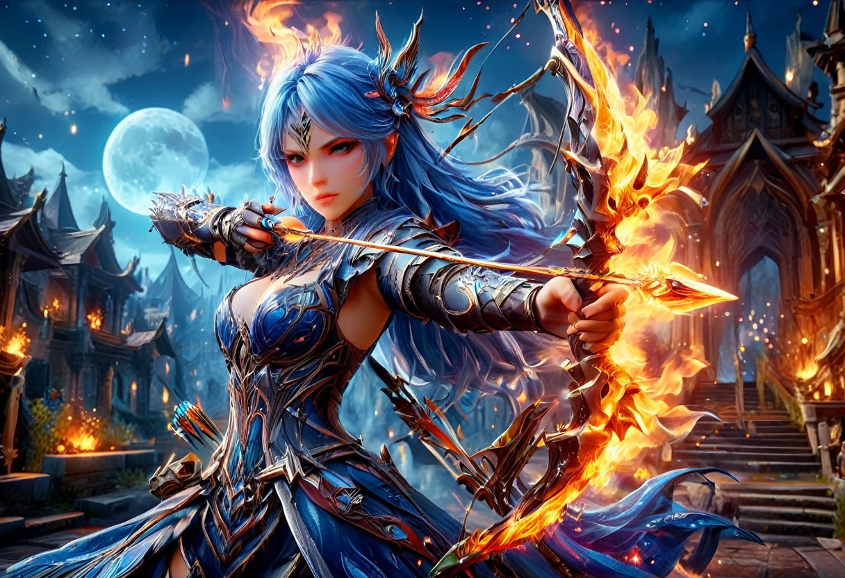 a picture of fire sorceress firing a flaming arrow from a magnificent epic bow, an elite glamour beautiful  fire sorceress, blue hair, long hair, wavy hair, wearing wild glamour dress, intricate dress, purple dress , with fire patterns on it, aiming an epic bow with a flaming arrow,  dynamic bow, sting drawn to the cheek , arrow ready to be shot, dynamic bow, sting drawn to the cheek , arrow ready to be shot, it is night, moon light, starry night, cloudy night,  high details, best quality, 16k, [ultra detailed], masterpiece, best quality, (extremely detailed), dynamic angle, full body shot, fantasy urban street at night bacground, Aiming a Bow, bow (weapon), Aiming a Bow ,faize, ral-lava