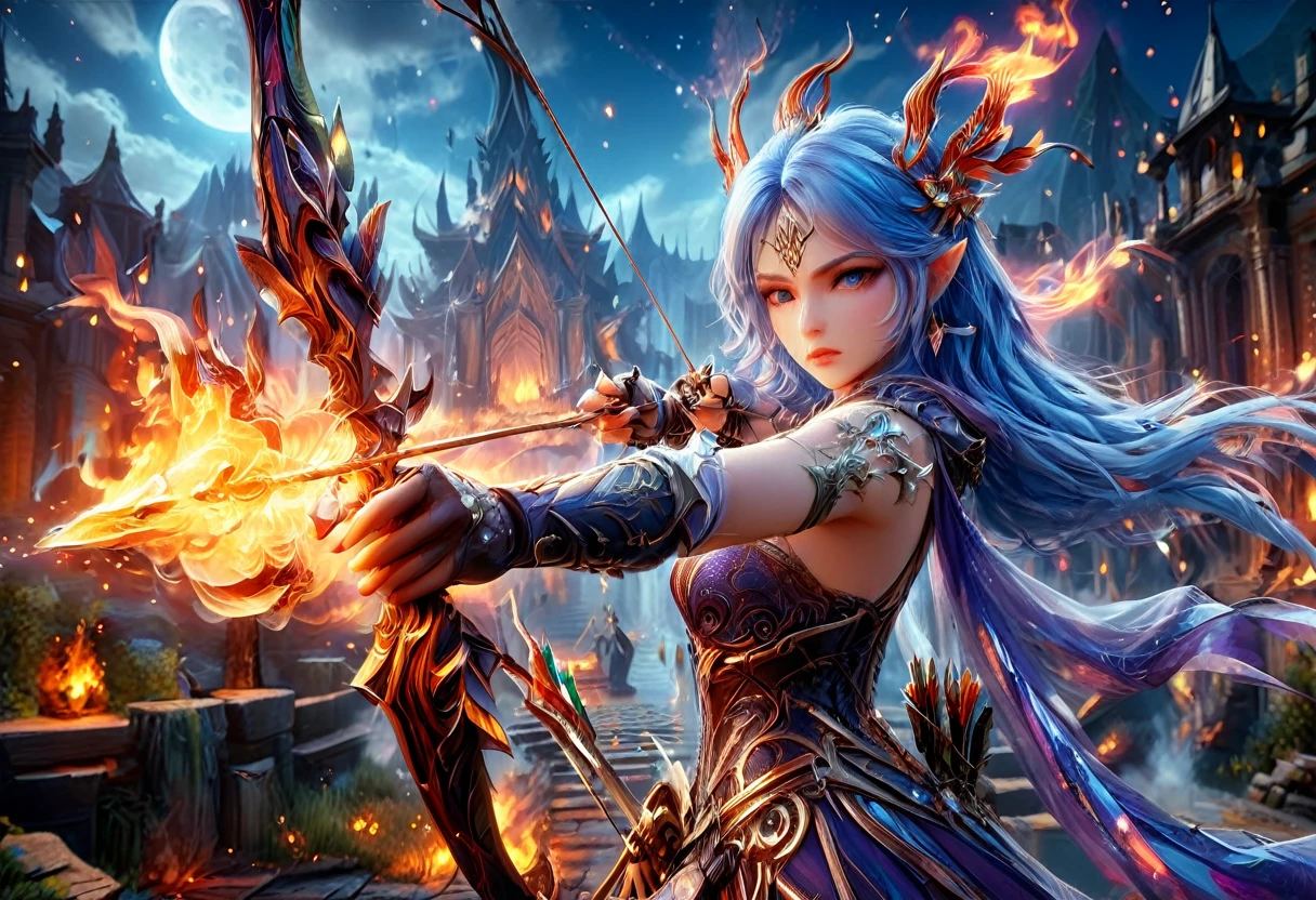 a picture of fire sorceress firing a flaming arrow from a magnificent epic bow, an elite glamour beautiful  fire sorceress, blue hair, long hair, wavy hair, wearing wild glamour dress, intricate dress, purple dress , with fire patterns on it, aiming an epic bow with a flaming arrow,  dynamic bow, sting drawn to the cheek , arrow ready to be shot, dynamic bow, sting drawn to the cheek , arrow ready to be shot, it is night, moon light, starry night, cloudy night,  high details, best quality, 16k, [ultra detailed], masterpiece, best quality, (extremely detailed), dynamic angle, full body shot, fantasy urban street at night bacground, Aiming a Bow, bow (weapon), Aiming a Bow ,faize, ral-lava