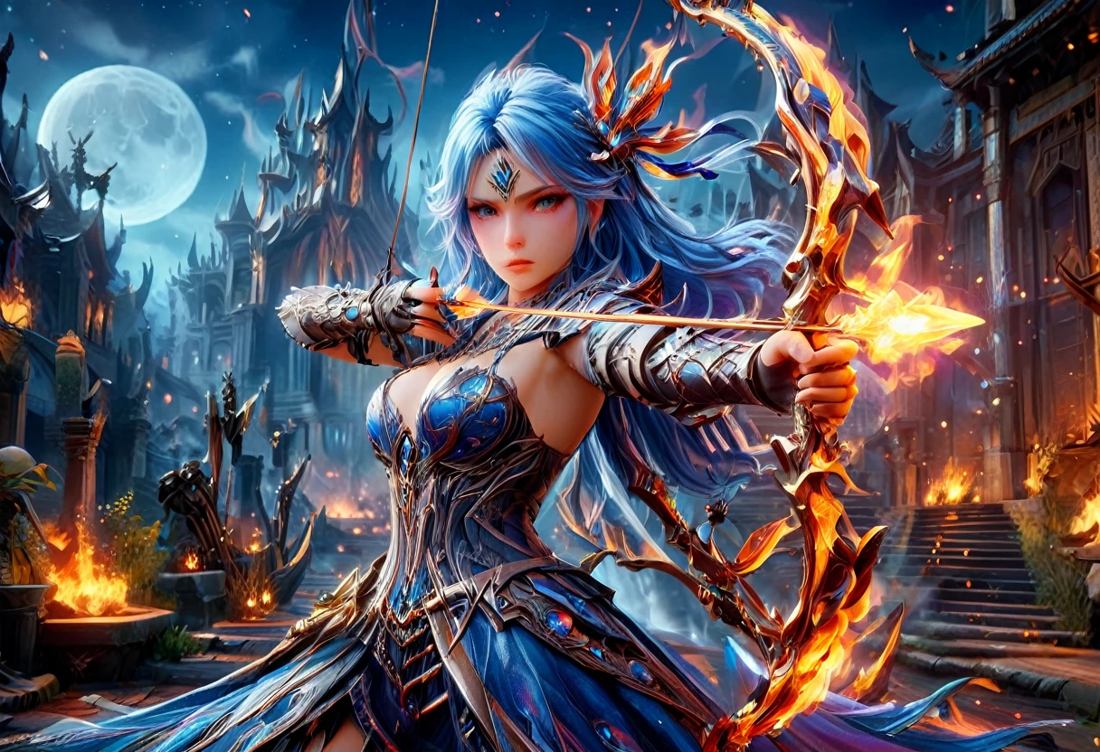 a picture of fire sorceress firing a flaming arrow from a magnificent epic bow, an elite glamour beautiful  fire sorceress, blue hair, long hair, wavy hair, wearing wild glamour dress, intricate dress, purple dress , with fire patterns on it, aiming an epic bow with a flaming arrow,  dynamic bow, sting drawn to the cheek , arrow ready to be shot, dynamic bow, sting drawn to the cheek , arrow ready to be shot, it is night, moon light, starry night, cloudy night,  high details, best quality, 16k, [ultra detailed], masterpiece, best quality, (extremely detailed), dynamic angle, full body shot, fantasy urban street at night bacground, Aiming a Bow, bow (weapon), Aiming a Bow ,faize, ral-lava
