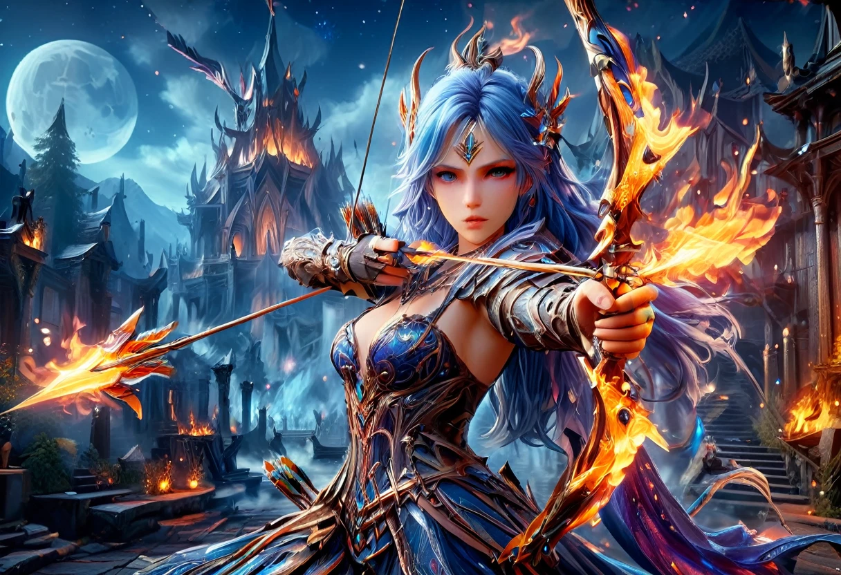 a picture of fire sorceress firing a flaming arrow from a magnificent epic bow, an elite glamour beautiful  fire sorceress, blue hair, long hair, wavy hair, wearing wild glamour dress, intricate dress, purple dress , with fire patterns on it, aiming an epic bow with a flaming arrow,  dynamic bow, sting drawn to the cheek , arrow ready to be shot, dynamic bow, sting drawn to the cheek , arrow ready to be shot, it is night, moon light, starry night, cloudy night,  high details, best quality, 16k, [ultra detailed], masterpiece, best quality, (extremely detailed), dynamic angle, full body shot, fantasy urban street at night bacground, Aiming a Bow, bow (weapon), Aiming a Bow ,faize, ral-lava