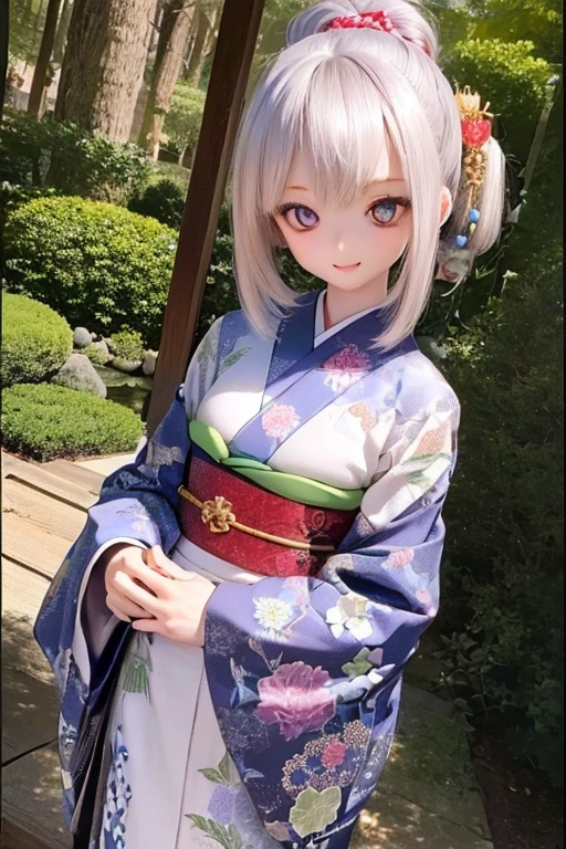 photorealistic, realistic photo, ((highest quality)), ((masterpiece)), detailed, kukolnydom, doll, (mature woman, 22yo, 22 years old:1.6), solo, ((full body, standing, hands on stomach, skinny, slender, slim, light smile)), green eyes, black hair, single hair bun, (looking at another, blank eyes, empty eyes, detailed eyes, detailed face:1.3), kimono, kanzashi, tabi, geta, Japanese garden, 8k