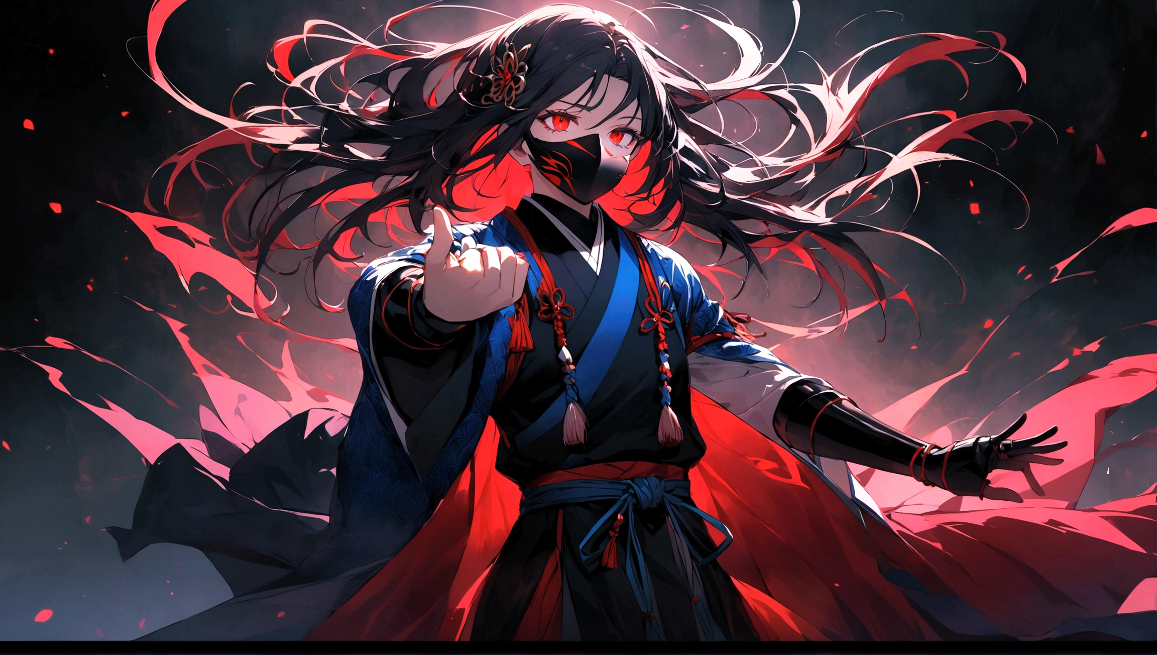 In the image, there is an anime character set against a dark background with red glowing particles. The character has striking red eyes that glow with intensity. They are wearing a mask that is red on the upper part and black on the lower part. Their hair is black with red highlights, parted into two sections with some strands falling over their face, and they have two metallic spikes as hair accessories on the right side.
The character is dressed in traditional Japanese warrior attire, predominantly black and red with blue and white accents. There is a blue tie on the upper part of their right arm, and the outfit features intricate patterns.
They are holding a sword in their right hand, which is black with red highlights, and it appears to be drawn from its scabbard. With their left hand, they are making a gesture with two fingers extended. The overall appearance of the character exudes a sense of power and mystique.