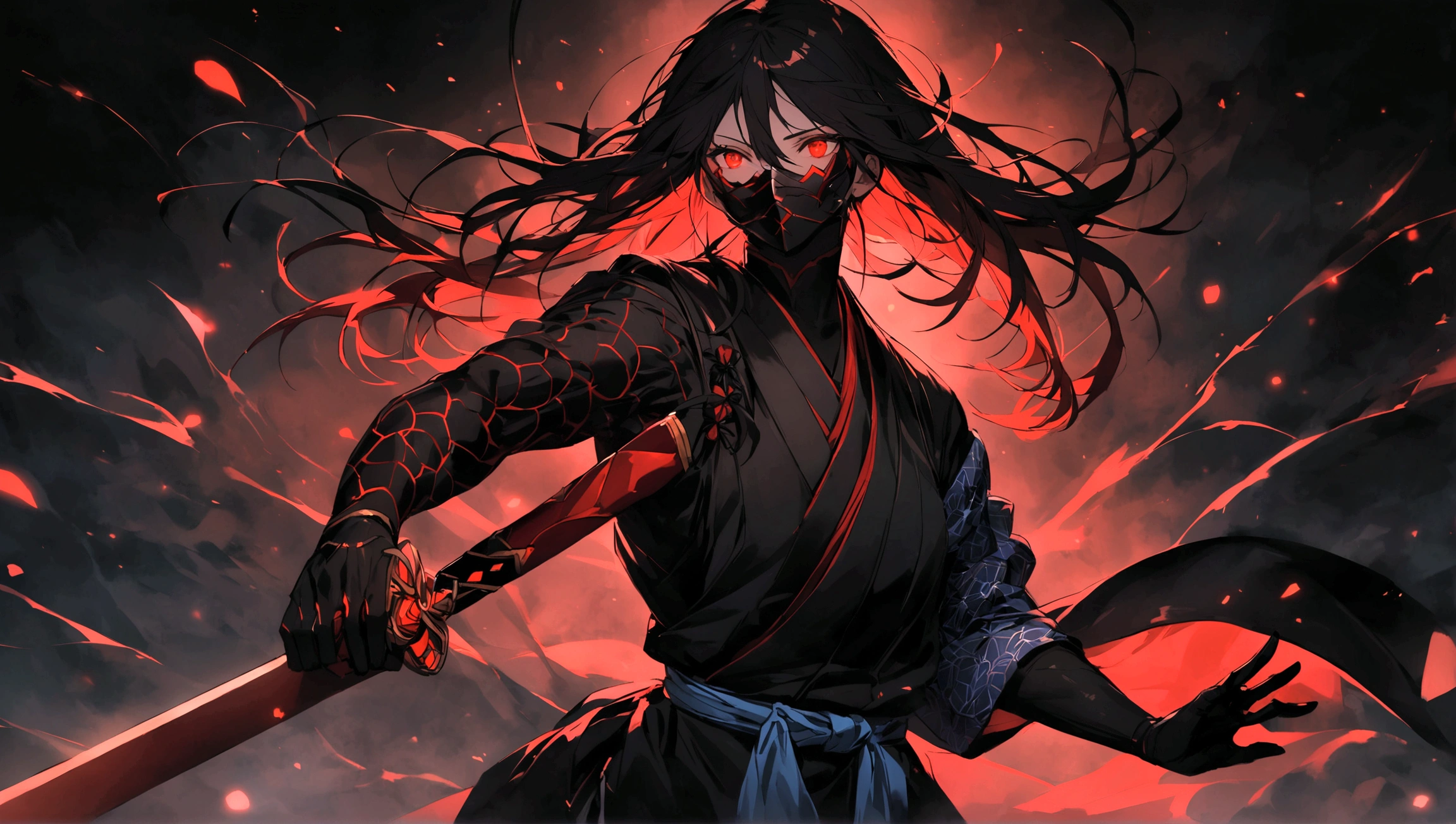 In the image, there is an anime character set against a dark background with red glowing particles. The character has striking red eyes that glow with intensity. They are wearing a mask that is red on the upper part and black on the lower part. Their hair is black with red highlights, parted into two sections with some strands falling over their face, and they have two metallic spikes as hair accessories on the right side.
The character is dressed in traditional Japanese warrior attire, predominantly black and red with blue and white accents. There is a blue tie on the upper part of their right arm, and the outfit features intricate patterns.
They are holding a sword in their right hand, which is black with red highlights, and it appears to be drawn from its scabbard. With their left hand, they are making a gesture with two fingers extended. The overall appearance of the character exudes a sense of power and mystique.