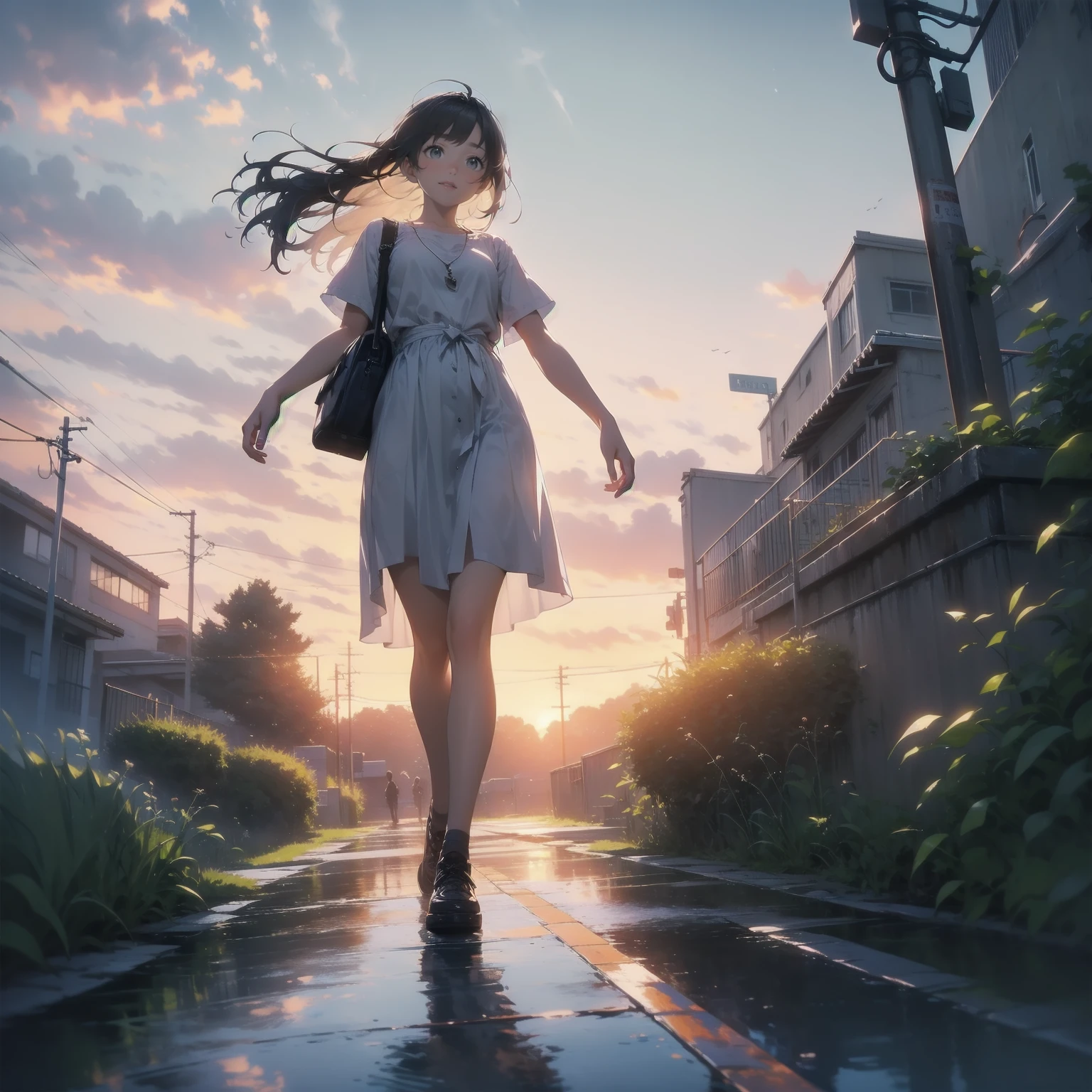 Vast landscape photography、(View from below、Shows the sky above and below)、High resolution、Highest quality、Very detailed、makoto shinkai、sunset、Girl in white dress looking sideways、College student with long brown hair、Electric pole、electric wire、Railroad crossing、Lens blur