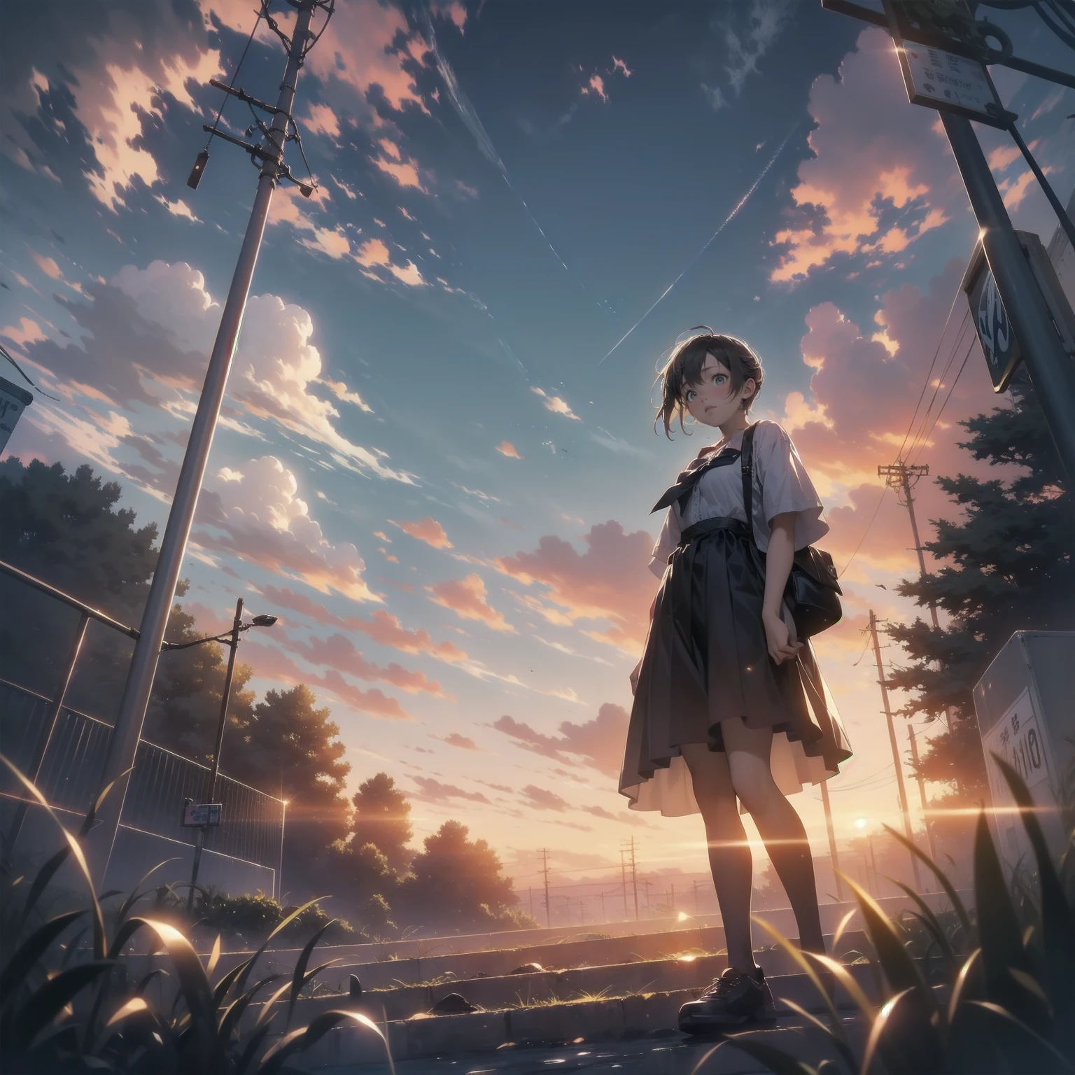 Vast landscape photography、(View from below、Shows the sky above and below)、High resolution、Highest quality、Very detailed、makoto shinkai、sunset、Girl in white dress looking sideways、College student with long brown hair、Electric pole、electric wire、Railroad crossing、Lens blur