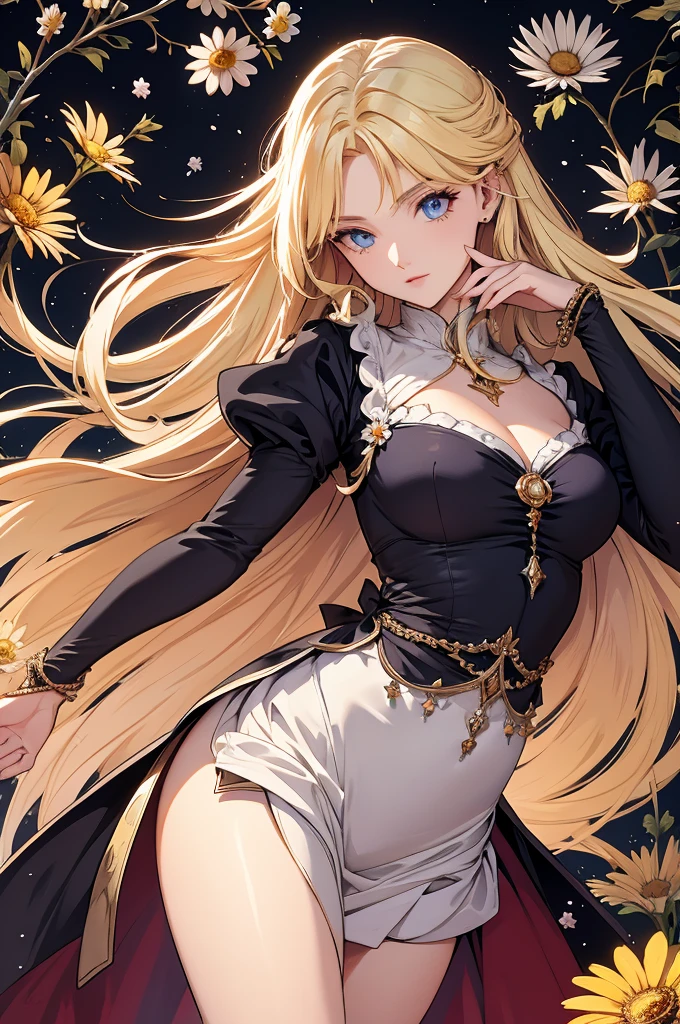 Exquisite and charming anime style illustration, alucard fusão com sarada dark fênix in the daisy flower bed, a beautiful girl with blond hair, blue eyes, half body, hiding in the flowers dark black , colorful and dazzling black . Intricate details, rendering and painting techniques come together to create a mesmerizing scene that evokes elegance and otherworldly elegance.