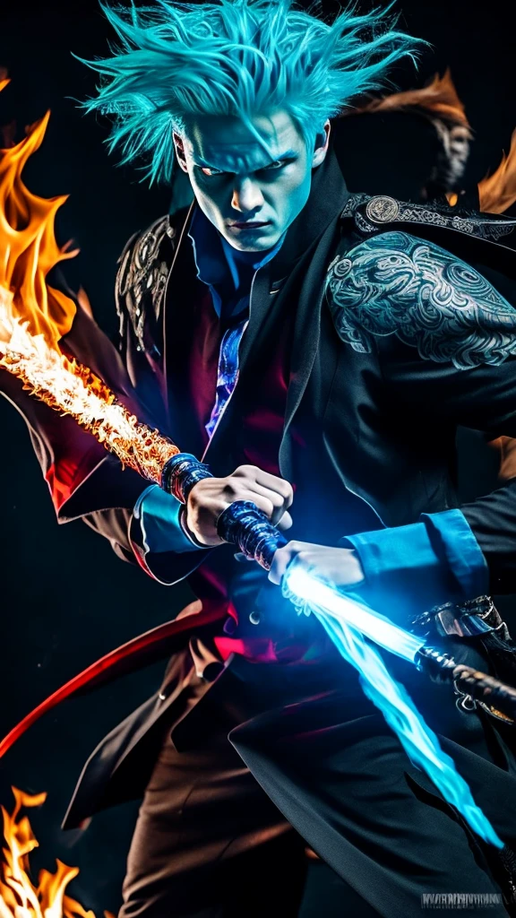 Boys with blue hair,swinging the fire sword,fire eye,angry face,fightning with demon,black suit
