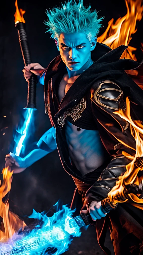 Boys with blue hair,swinging the fire sword,fire eye,angry face,fightning with demon,black suit