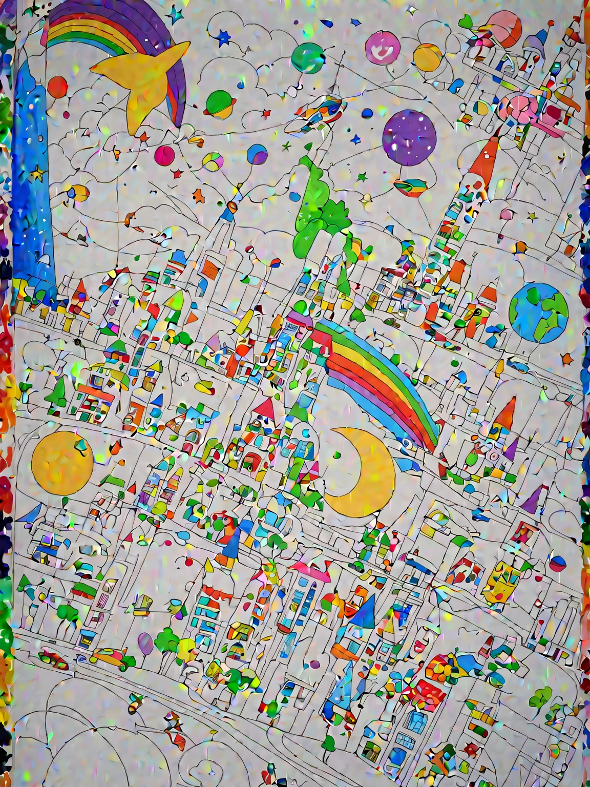 A painting,I drew a bunch of different things., Fill all with color,children's artwork, child, futuristic city, Children's drawings, Will magic, Beautiful little girl, Happy smiling face, Rich colors, Children's fantasies, child画, artwork