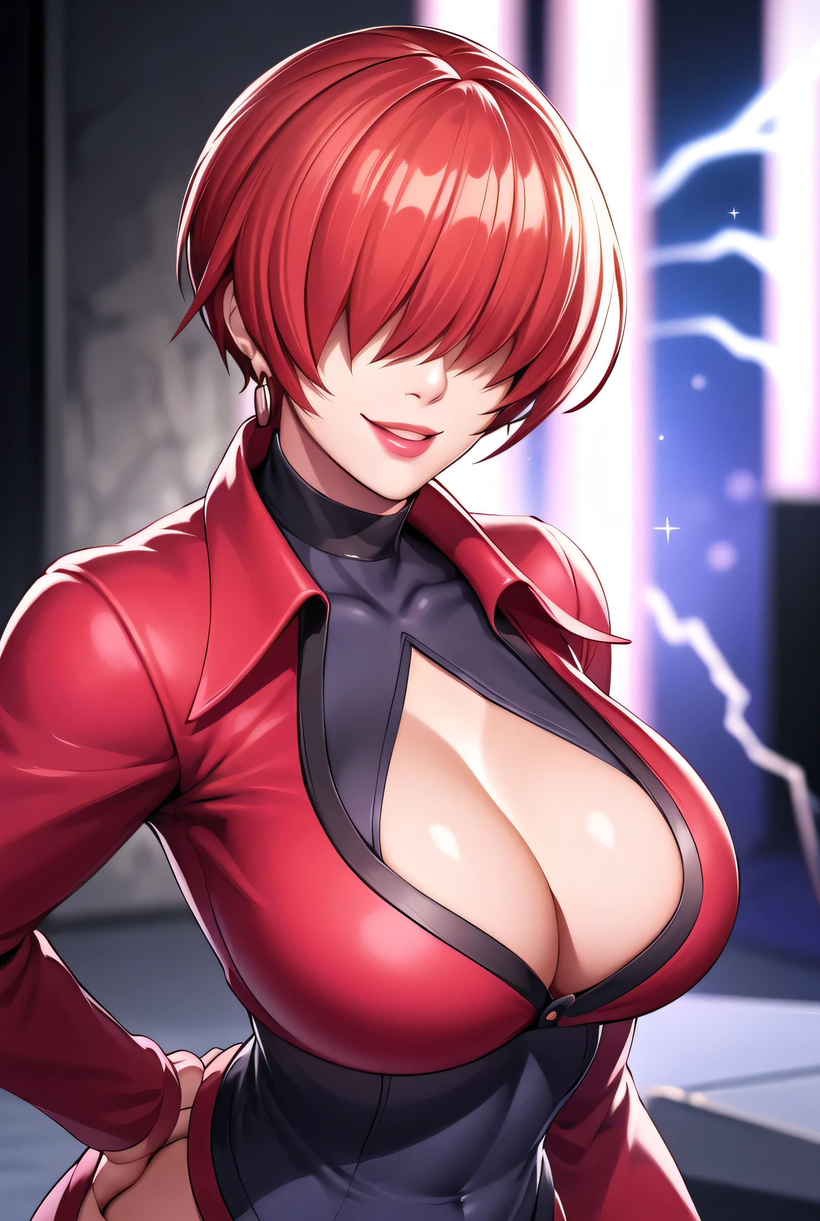 ,
Red outfit,Red jacket,choker, cleavage cutout, clothing cutout,
earrings,
Red hair,bangs,((hair over eyes)),
1 girl, 20yo,Young female,Beautiful Finger,Beautiful long legs,Beautiful body,Beautiful Nose,Beautiful character design, evil face,
looking down at viewer,(Focus on her face),too evil_Smile,
official art,extremely detailed CG unity 8k wallpaper, perfect lighting,Colorful, Bright_Front_face_Lighting,shiny skin,
(masterpiece:1.0),(best_quality:1.0), ultra high res,4K,ultra-detailed,
photography, 8K, HDR, highres, absurdres:1.2, Kodak portra 400, film grain, , bokeh:1.2, lens flare, (vibrant_color:1.2),professional photograph,
(Beautiful,large_Breasts:1.4), (beautiful_face:1.5),(narrow_waist),conceit,smile worst,worst ridecule,evil moukery,hand on hip,upper body,two hand,lightning background,