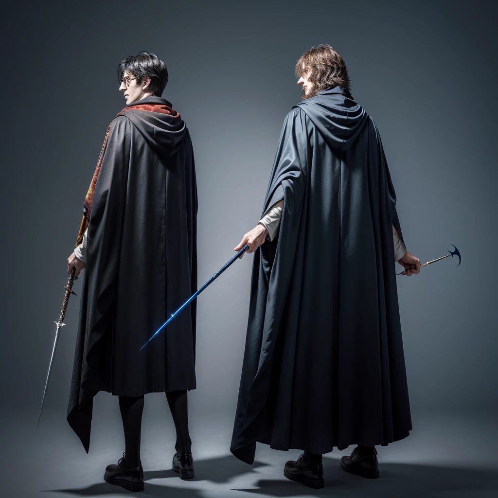 tall man with full body and back wearing a Harry Potter cloak and a wand, magician&#39;s cloak, wizard robes, wearing wizard robes, wearing black wizard robes, mantle movement waving, old magician&#39;s cloak, wearing a dark cloak, wearing hogwarts!!! robes!!!, wearing a wizard cloak, flowing magic cloak, wizard cloak, wearing red sorcerers robes, wearing aristocrat robe