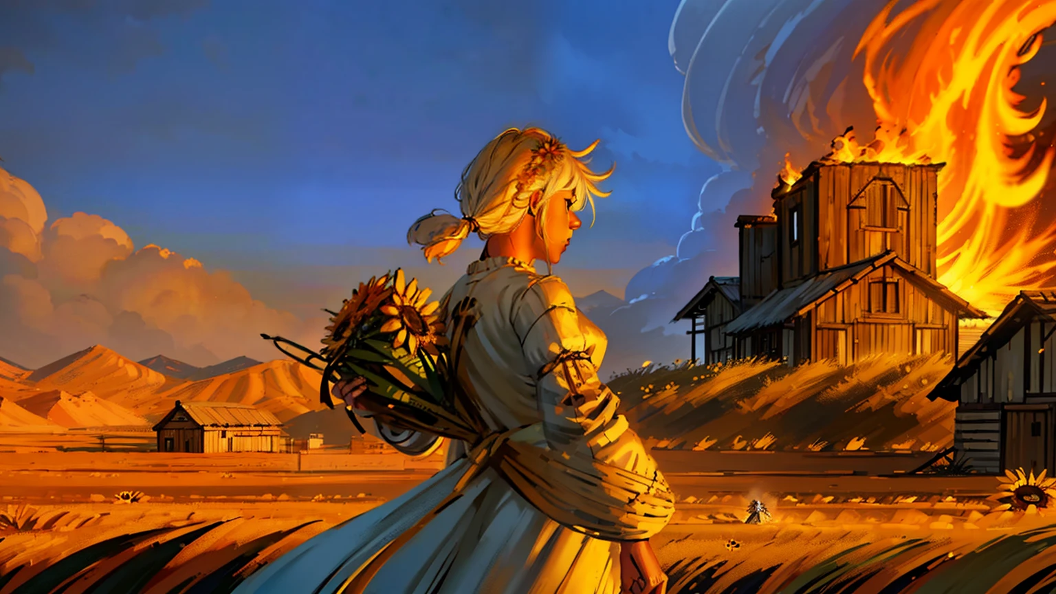 ((Extremely detailed)),(Extremely detailed), Extremely detailed CG unity 8k wallpaper, White-haired girl fleeing，Wearing traditional Salaman，Holding sunflower in hand，Background is barren fields，Burning wooden house