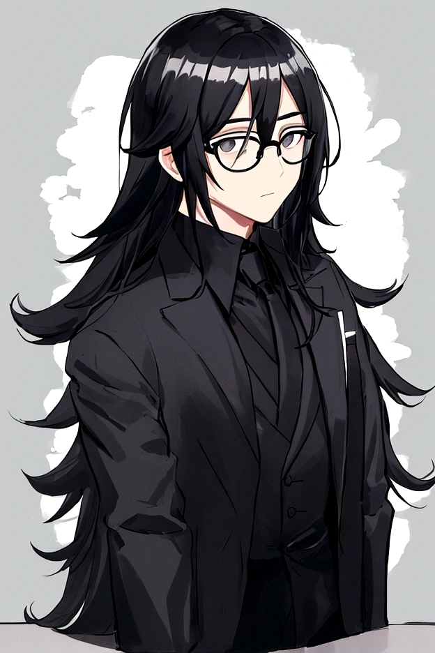 Boy,round glasses,long hair,black hair,black facemask,black jacket,white undershirt
