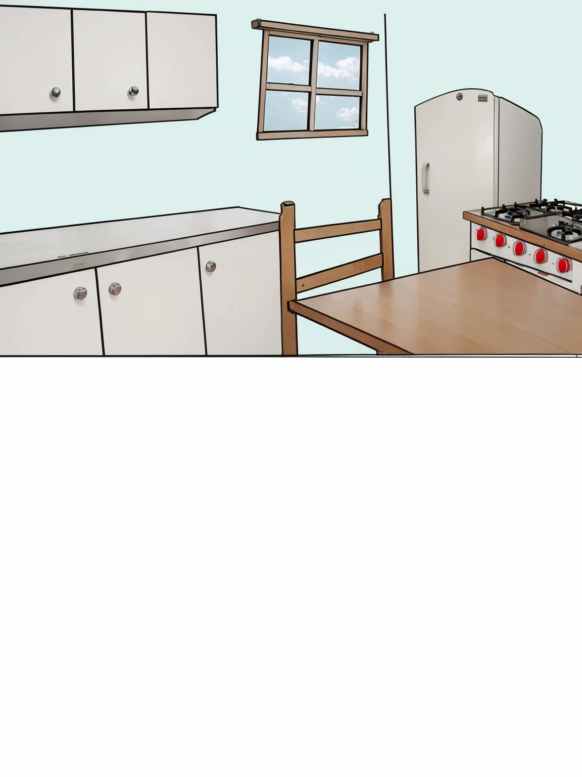 A kitchen white cabinets a wooden table and a wooden chair a silver stove with red buttons a white refrigerator and a window with daylight fantastic art 8k ultra realistic