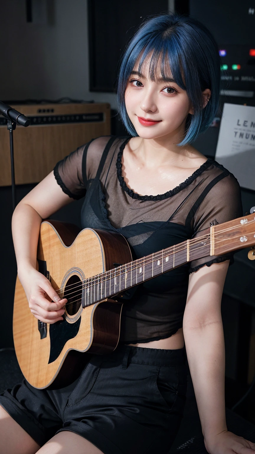 ((best quality)), photorealistic, photorealism, Photorealistic, high resolution, ((Wearing black sheer shirt, short pants))、smile、A superb beauty、Super cute、ennui、Rare beauty、Very Short hair、Black Dark Eyeshadow、Sad、white skin、pale skin, Very short hair layered、Cute Makeup、Cute Smile、Fragrant beauty、Music studio background、Mastepiece、Best Quality、Refers to 5 books、Sweat glistening on my chest、Sweat glistening on my face、Medium breasts、Blue hair、Age 20 years old、Mysterious look、A sad expression、Blue Hair、Glamorous music studio、Sweating profusely all over the body、Plenty of sweat glistening on the thighs、A large amount of sweat glistens on my thighs、Sweating profusely、Gal、Medium breasts、Beautiful face、Alluring expression、Sitting、Sitting playing guitar、Thick thighs、Playing guitar、I have a guitar、Sing a song enthusiastically、Playing guitar in a band、Rock band、Playing guitar chords、Live House Background、Sing a song、Open your mouth、Live house scenery、Glamorous live stage、Dynamic Angle