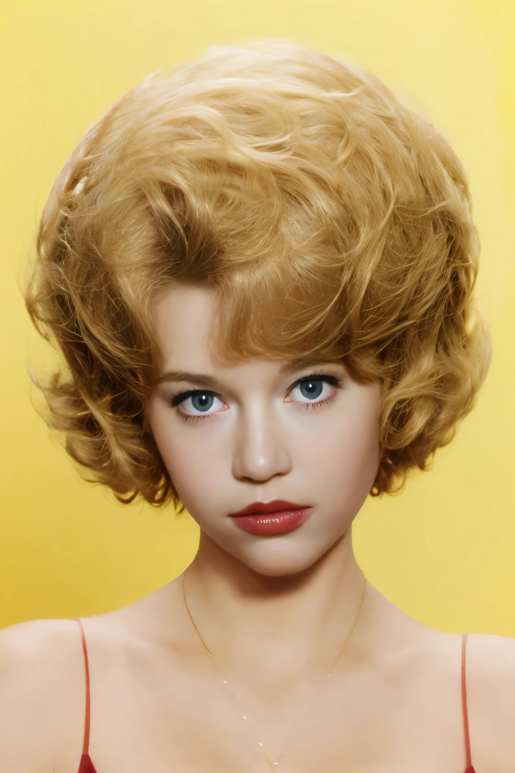 (masterpiece,best quality:1.2), high detailed,realistic,janef a woman, solo, short hair, blue eyes, blonde hair, simple background, jewelry, upper body, earrings, necklace, lips, eyelashes, makeup, cross, lipstick, yellow background, realistic, red lips