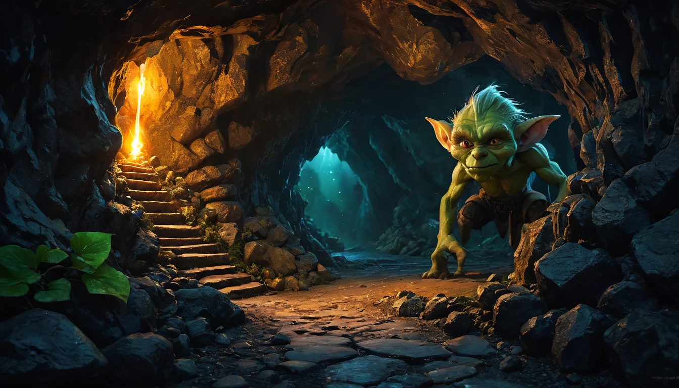 (anime, fantasy), (best quality, high resolution, depth of filed, HDR:1.2), (cave, stalagmite, goblin liar, small tunnel, isolated tunnel, dark tunnel: 1.5,), no candle, no torch, no fire, vibrant colors, spooky, enchanted, goblin totem, black magic atmosphere, extremely detailed, intricate, delicate, dark fantasy, bokeh, cinematic lighting, 8k, high quality