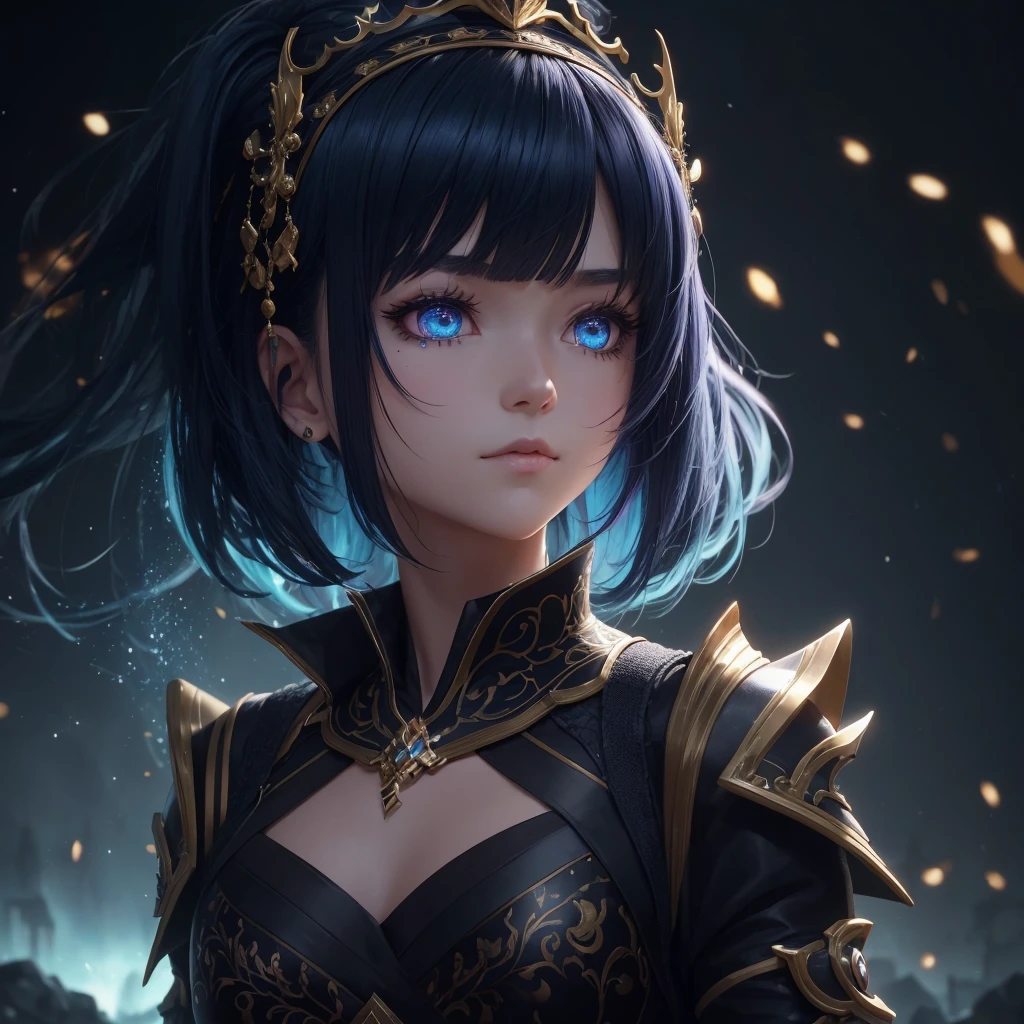 A bright environment with a dark city and as if it were an 8k landscape and a girl looking forward with a dragon clothes 8k and a big crown and she has some 8k anime on top of her head and she is an 8k anime character and He has a slightly serious look. 8k and that she is an adult 8k and the crown that is big 8k and her face like an anime with glitter 8k and her black and blue hair and that it is a little short 8k