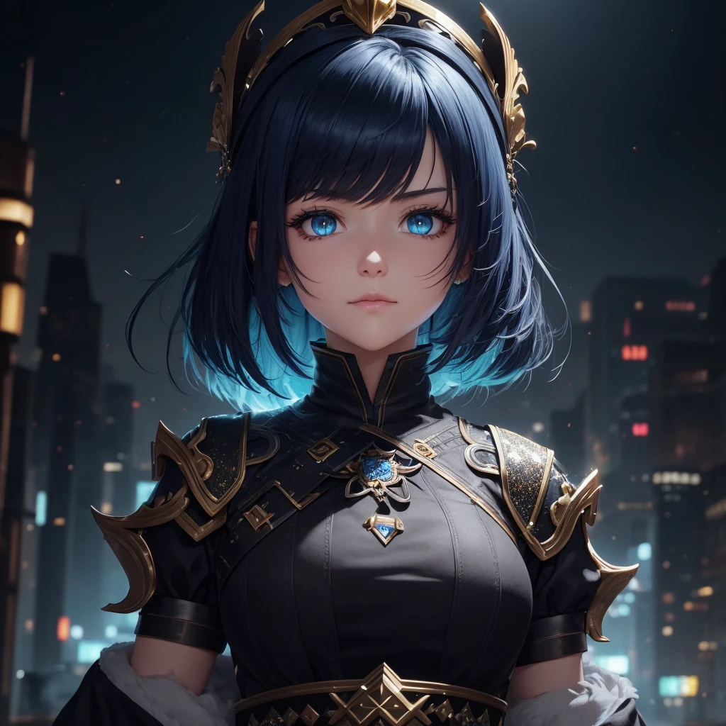 A bright environment with a dark city and as if it were an 8k landscape and a girl looking forward with a dragon clothes 8k and a big crown and she has some 8k anime on top of her head and she is an 8k anime character and He has a slightly serious look. 8k and that she is an adult 8k and the crown that is big 8k and her face like an anime with glitter 8k and her black and blue hair and that it is a little short 8k