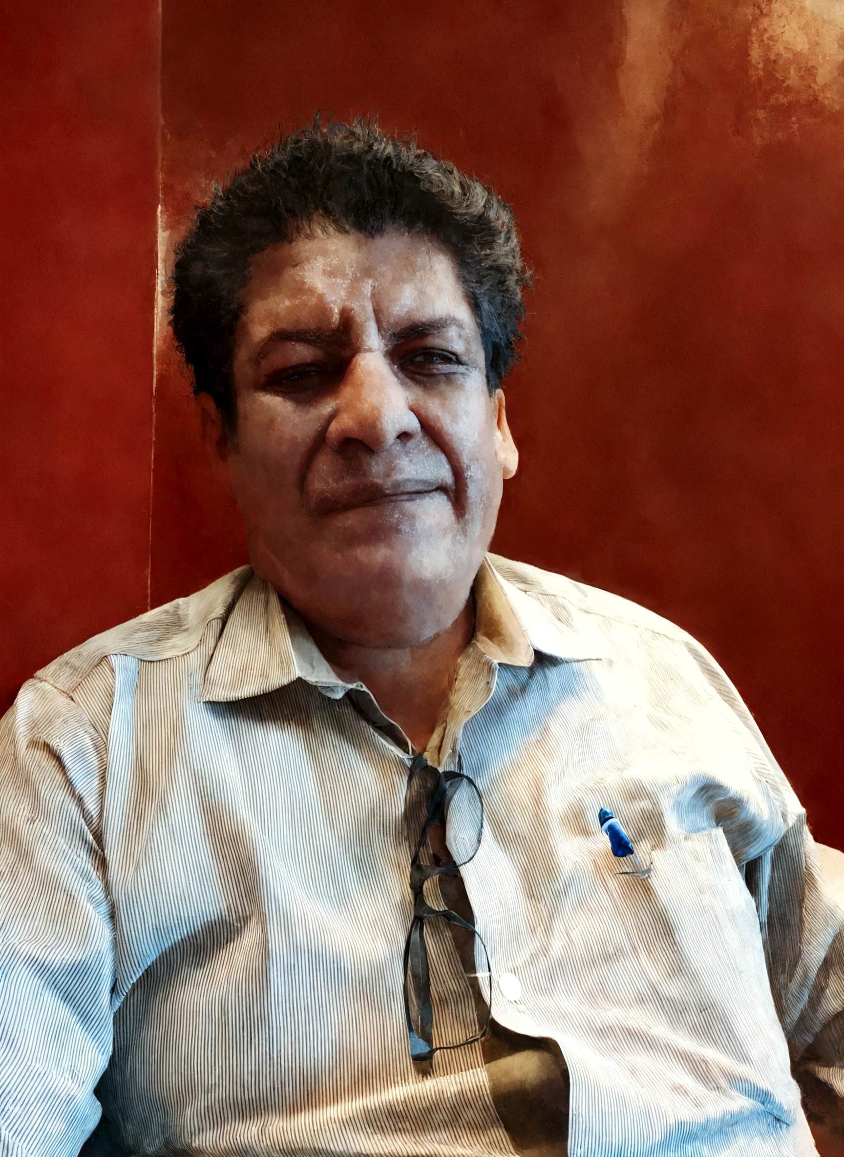 there is a man with a tie and shirt sitting, making a wine, without glasses, eloymorales, herald ortega, Carlos Ortega Elizalde, mohamed chahín, luiz scanuela, punishment, salustiano garcia cruz, Juan Caloto, Khyzyl Saleem, ranjit ghosh, julio lacerda, ivan bolivian, victor maristane