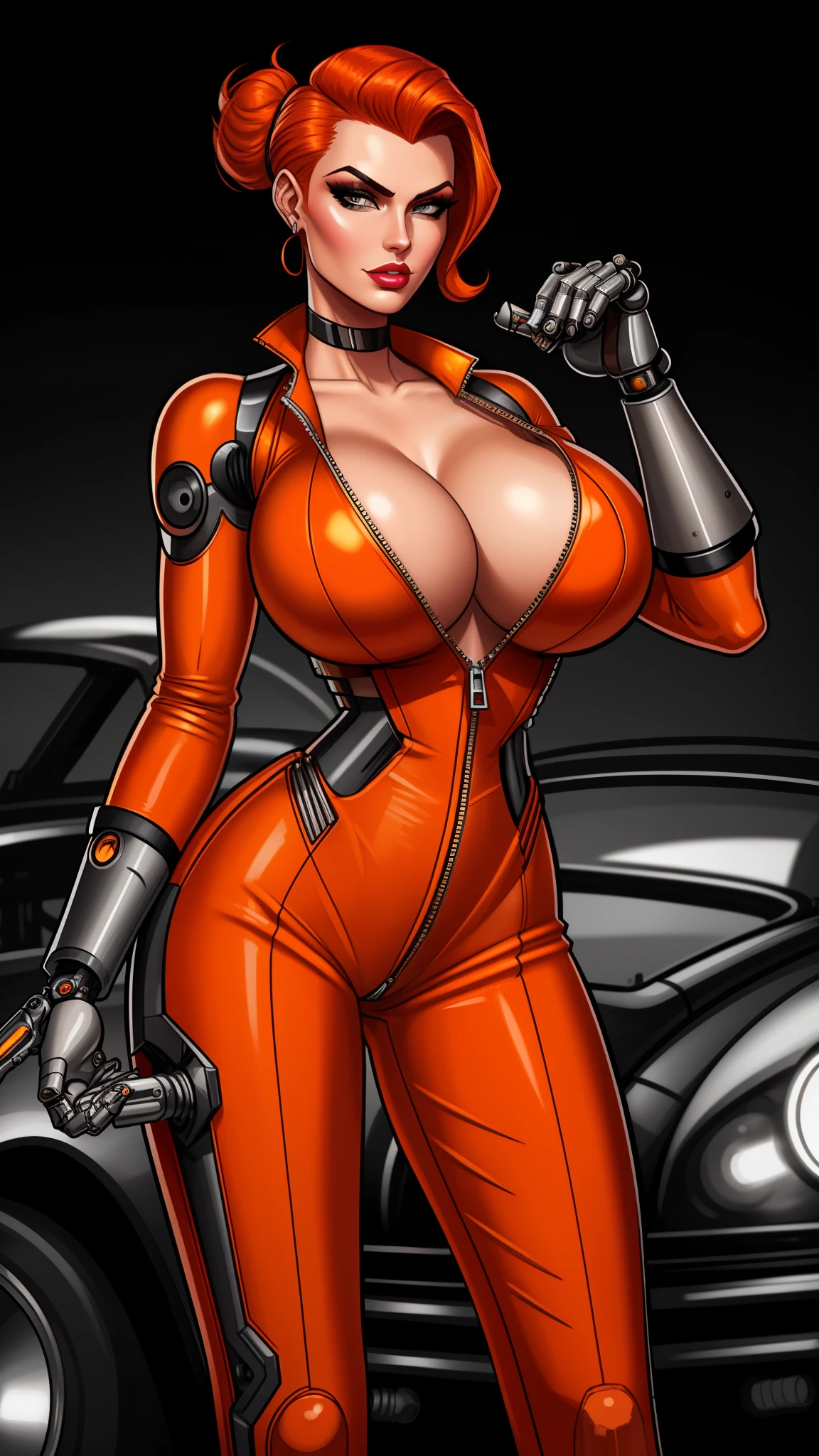 A gorgeous mechanic, femme fatale, in an atompunk style, set against a blank background with retro-futuristic elements, wearing an unzipped orange jumpsuit revealing cleavage, with a mechanical hand, cybernetic augments, half-shaved ginger hair, gunmetal grey accents
