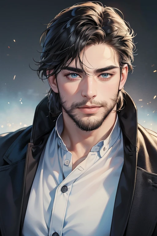 (best quality,4k,8k,highres,masterpiece:1.2),ultra-detailed,(realistic,photorealistic,photo-realistic:1.37),30 year old man,3 day beard,handsome anime,portraits,strong,masculine,dark hair,sharp jawline,mesmerizing eyes,perfectly styled hair,cool anime outfit,confident expression,vibrant colors,dynamic lighting, CEO and expression smile in love.
