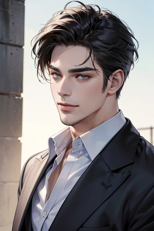 (best quality,4k,8k,highres,masterpiece:1.2),ultra-detailed,(realistic,photorealistic,photo-realistic:1.37),30 year old man,3 day beard,handsome anime,portraits,strong,masculine,dark hair,sharp jawline,mesmerizing eyes,perfectly styled hair,cool anime outfit,confident expression,vibrant colors,dynamic lighting, CEO and expression smile in love.