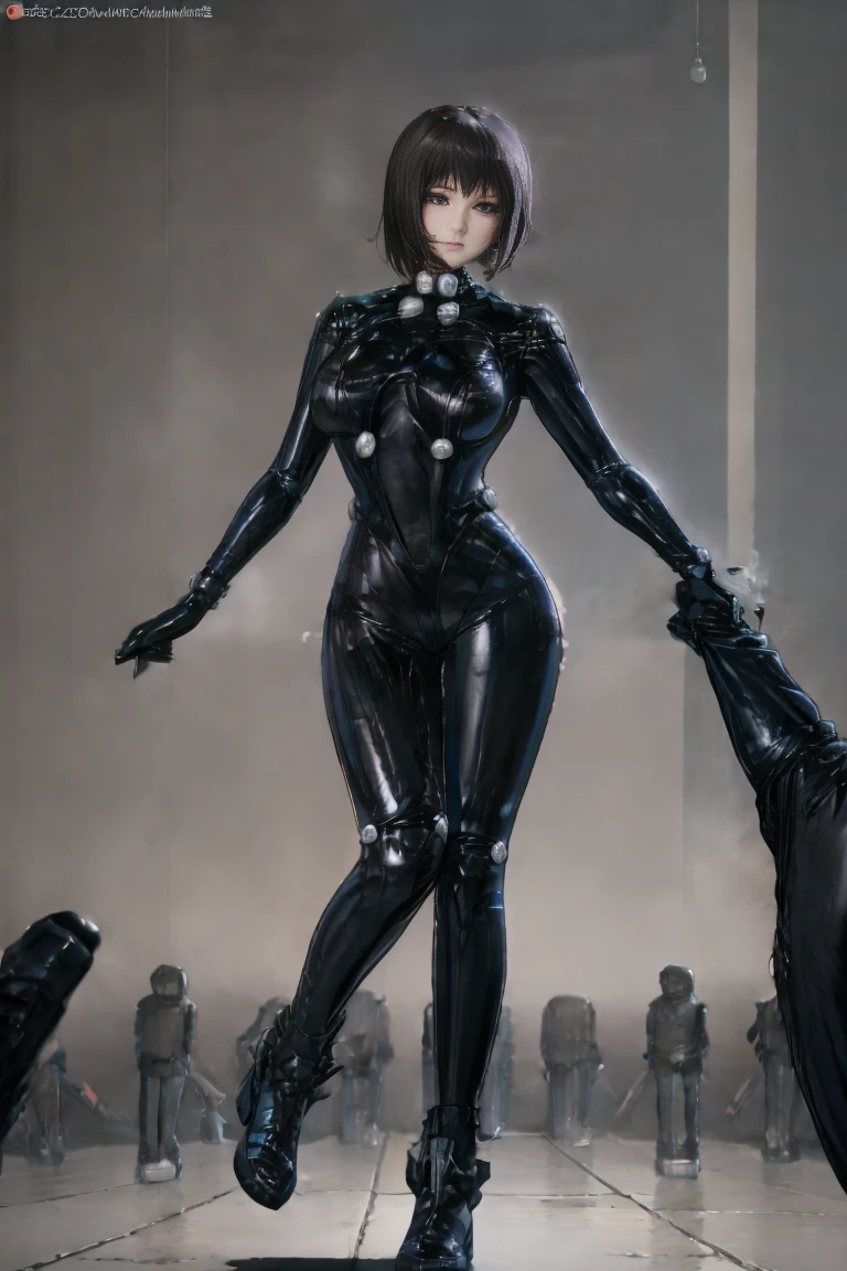 8k,(masterpiece:1.4)(best quality:1.4),(top quality), 1girl,fayuiry,black hair, black eyes, Gantz black bodysuit, medium breast,  standing,  looking at viewer,  solo focus,(shiny skin),steaming body ,full bodyshot