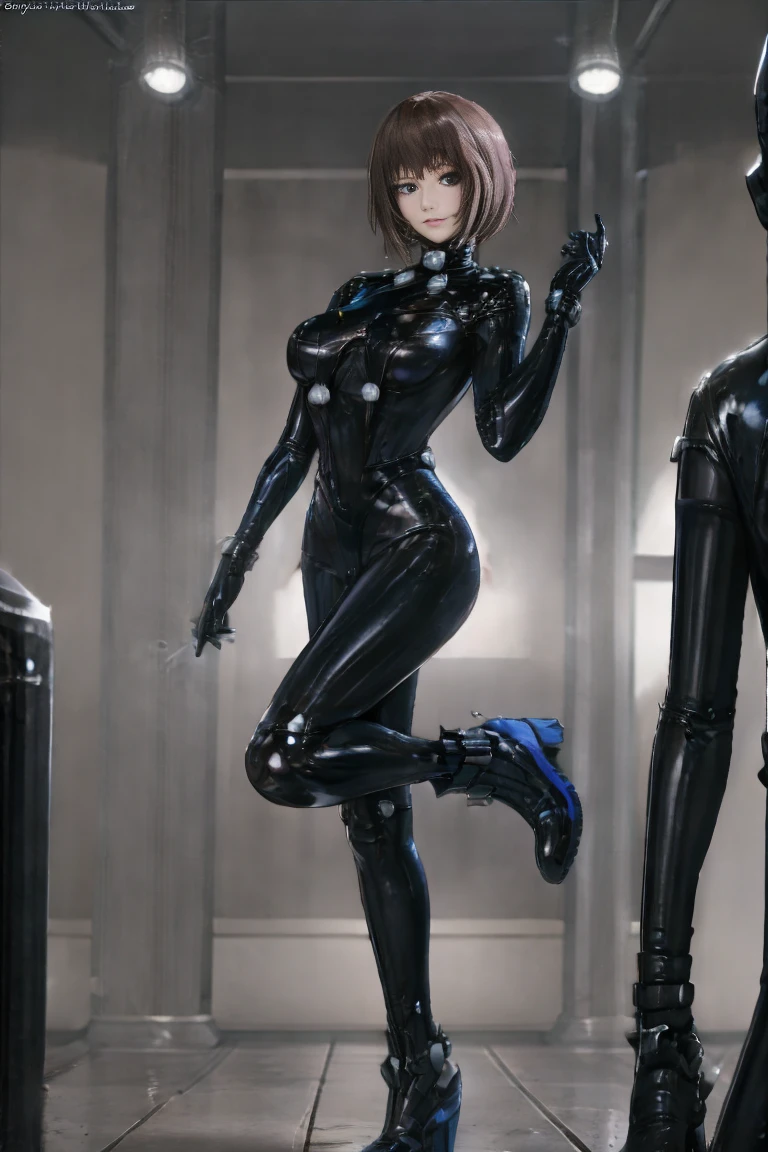 8k,(masterpiece:1.4)(best quality:1.4),(top quality), 1girl,fayuiry,black hair, black eyes, Gantz black bodysuit, medium breast,  standing,  looking at viewer,  solo focus,(shiny skin),steaming body ,full bodyshot