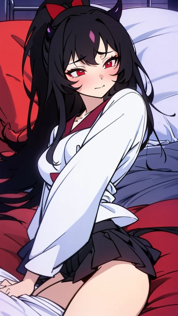 wavy black hair, piercing look with deep red eyes, average stature, Silky hair with a ponytail hairstyle collected with a red bow with two white lines., lying in her bed , has a vagina, has breasts,NSFW, poses perverteds, lustful look, perverted, wearing a top, wearing a mini skirt, showing my ass to the camera, transparent lingerie panties