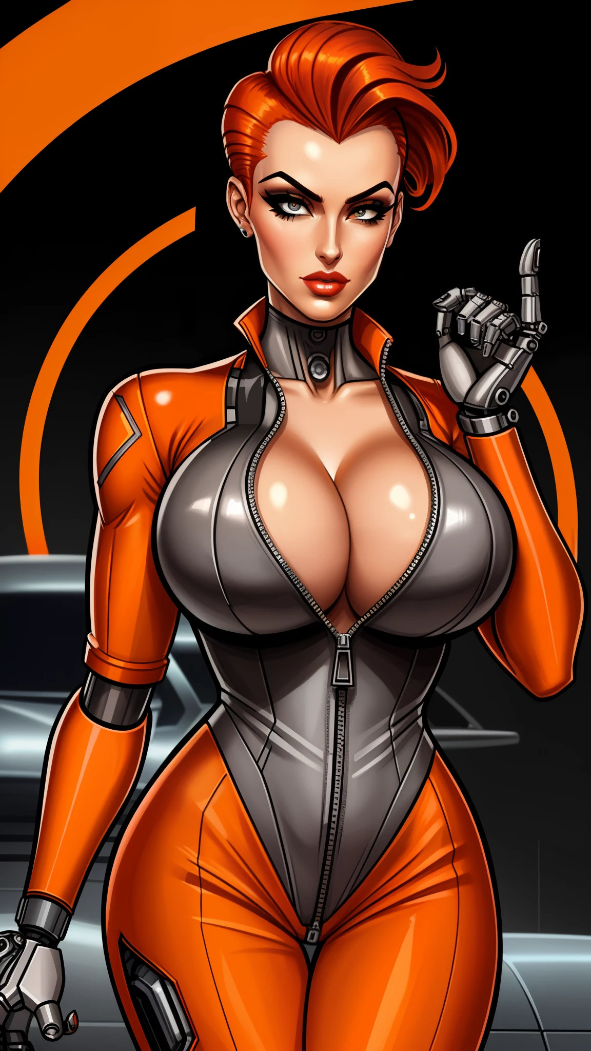 Femme Fatale, gorgeous mechanic, atompunk, blank background, retro-futurism, mechanical hand, cybernetic augments, unzipped orange jumpsuit, gunmetal grey, cleavage, half shaved head, ginger hair, extra