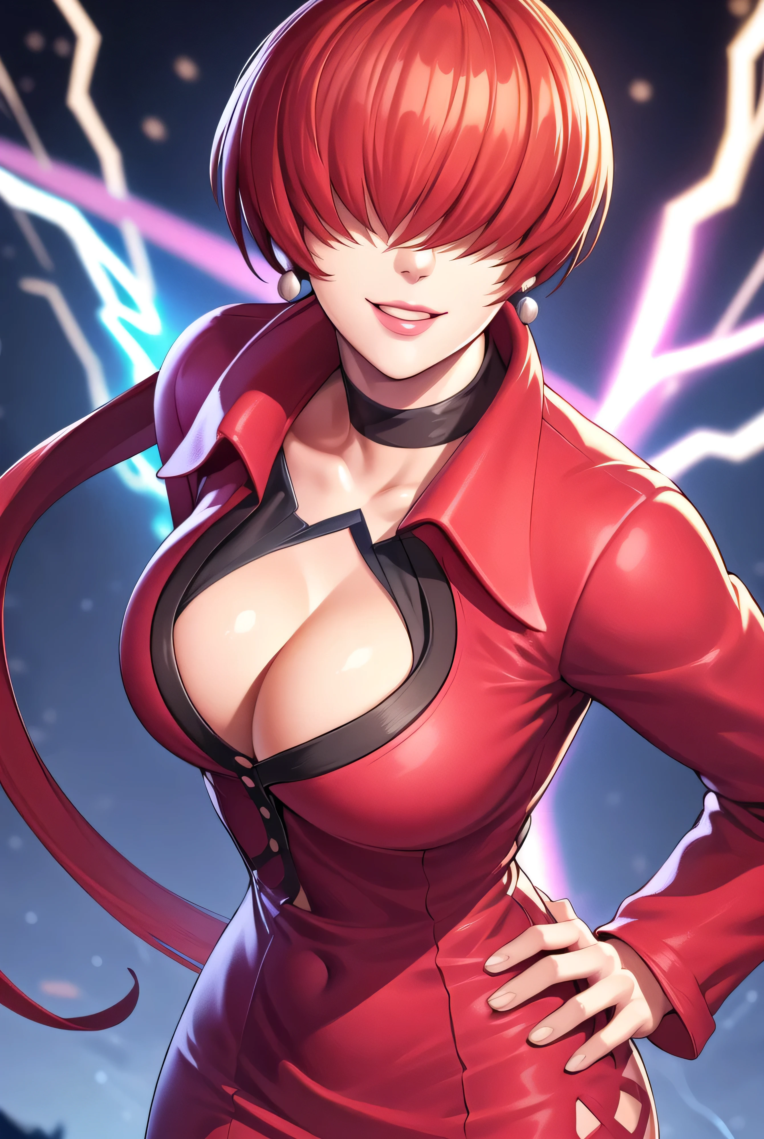 ,
Red outfit,Red jacket,choker, cleavage cutout, clothing cutout, 
earrings,
Red hair,bangs,((hair over eyes)),
1 girl, 20yo,Young female,Beautiful Finger,Beautiful long legs,Beautiful body,Beautiful Nose,Beautiful character design, evil face,
looking down at viewer,(Focus on her face),too evil_Smile,
official art,extremely detailed CG unity 8k wallpaper, perfect lighting,Colorful, Bright_Front_face_Lighting,shiny skin,
(masterpiece:1.0),(best_quality:1.0), ultra high res,4K,ultra-detailed,
photography, 8K, HDR, highres, absurdres:1.2, Kodak portra 400, film grain, , bokeh:1.2, lens flare, (vibrant_color:1.2),professional photograph,
(Beautiful,large_Breasts:1.4), (beautiful_face:1.5),(narrow_waist),conceit,smile worst,worst ridecule,evil moukery,hand on hip,upper body,two hand,lightning background,