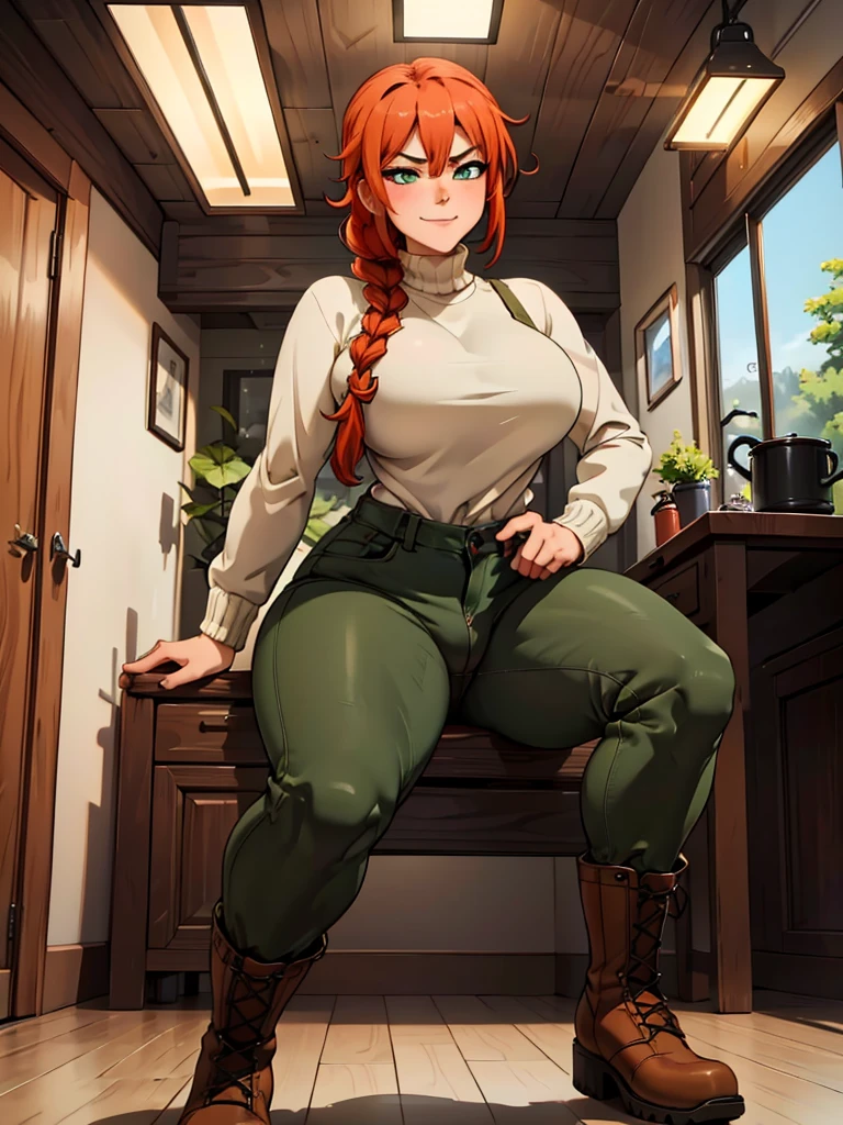 (best quality,4k,8k,highres,masterpiece:1.2),ultra-detailed,realistic:1.37,portrait, anthro very sexy bandicoot  girl lesbian redhead, braided hair, beautiful green eyes, seductive, warm sweater, hants to camouflage pants, army boots, smirking, cozy lighting, vibrant colors. Futanari, lewd,    night, crotesc , penis, 