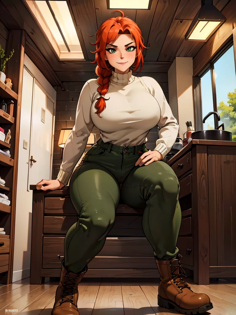 (best quality,4k,8k,highres,masterpiece:1.2),ultra-detailed,realistic:1.37,portrait, anthro very sexy bandicoot  girl lesbian redhead, braided hair, beautiful green eyes, seductive, warm sweater, hants to camouflage pants, army boots, smirking, cozy lighting, vibrant colors. Futanari, lewd,    night, crotesc , penis, 