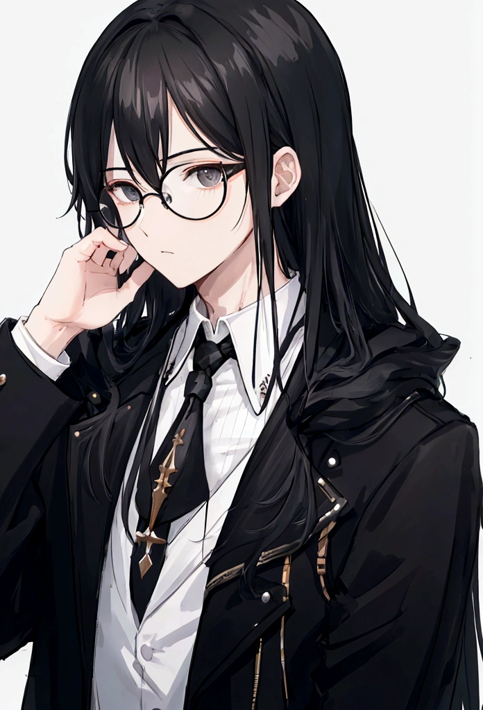 Boy,round glasses,long hair,black hair,black facemask,black jacket,white undershirt
