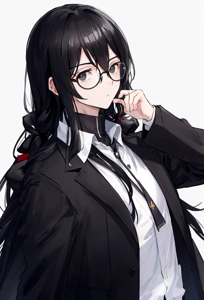 Boy,round glasses,long hair,black hair,black facemask,black jacket,white undershirt 